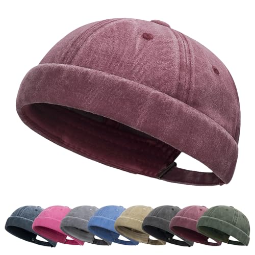 Image of Tiakay Mens Docker Cap Vintage Brimless Sailor Hat Beanie Cap for Everyday Casual & Outdoor Wear (Burgundy)