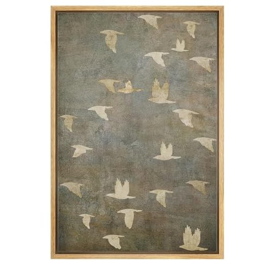 NWT Framed Canvas Print Wall Art Grunge Gold Flying Bird Collage Nature Wilderness Illustrations Modern Art Decorative Landscape Rustic Zen Colorful for Living Room, Bedroom, Office - 16"x24" Natural