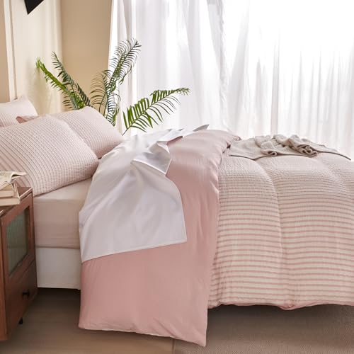 Image of Pink Striped Comforter Set Queen - 3 Pieces Bedding Comforter Set for All Season, Soft Lightweight Washed Microfiber, 1 Striped Comforter and 2 Pillowcases (Pink, Queen Size)