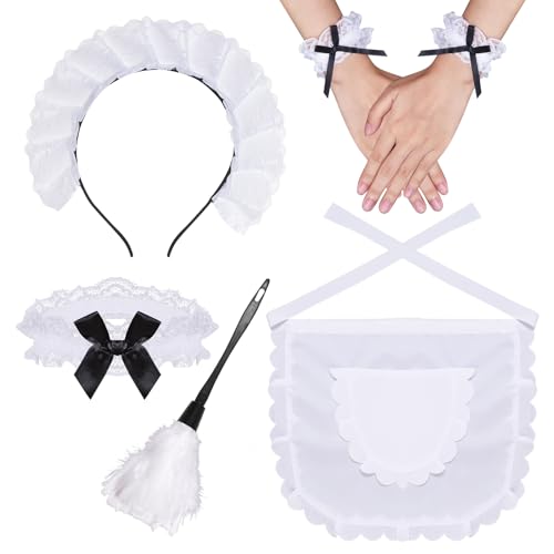 Bcxfbxd 6 Pcs Maid Cleaning Costume Accessories Set Includes Lace Headband Ruffled Apron Feather Duster for Women Cosplay Halloween Party