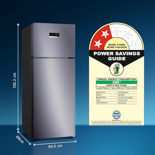 Image of Bosch 243L, 2 Star, Frost Free Double Door Refrigerator | 6-in-1 Convertible Modes | 80min Convert | Touch Panel | Extend Cool up to 18 hrs | SuperFreeze (CTC27U12VI, Dark Lake, 2026)