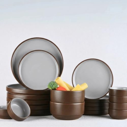 Image of BlackCarrot Handcrafted Brown Ceramic Dinner Set, 20 Pieces Serving for 6, Microwave and Dishwasher Safe, Bone-Ash Free, Dinner Sets | Crockery Set for Gifting & Dining, Black Carrot Bone China Free