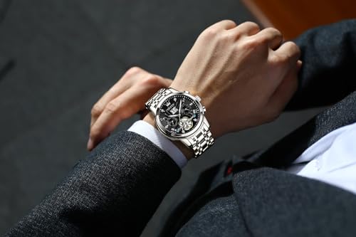 Image of OLEVS Self Winding Watches for Men Automatic Mechanical Skeleton Luxury Dress Waterproof Moon Phase Tourbillon Chronograph Stainless Steel Luminous Wristwatch