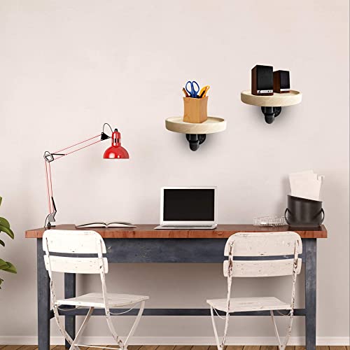 Round Oak Solid Wood Rustic Floating Shelves, Deep Wall Hanging Shelf With Metal Industrial Pipe Brackets, 7.1 Inches Diameter. Room Home Décor, Kitchen, Bedroom, Bathroom Storage (2 Pack) #TOP4
