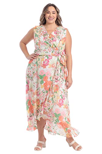 London Times Women's Plus Size Chiffon Faux Wrap Ruffle Maxi Dress Guest Of Wedding, Cream/Orange #TOP3