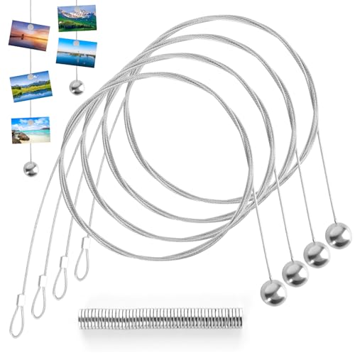 Haocjanc 4 Pieces 1.5 mm x 2 m Photo Rope, Photo Chain with 48 Magnets, Wire Rope, Magnetic Photo Rope for Hanging Photos and Postcards (Silver)