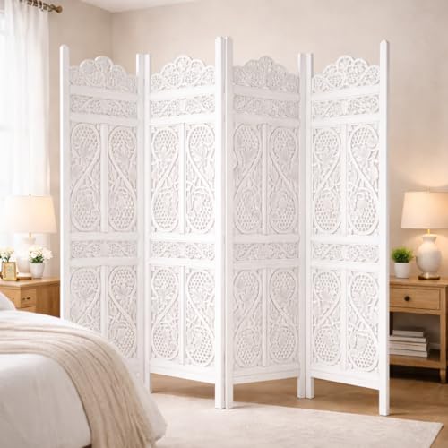 Image of Wooden Handcrafted Wooden Partition for Room Elegant Carved Premium Carved Wooden Partition Screen for Bedroom /Living Room /Office (6 Feet 4 Panel) (6 Feet 4 Panel White)