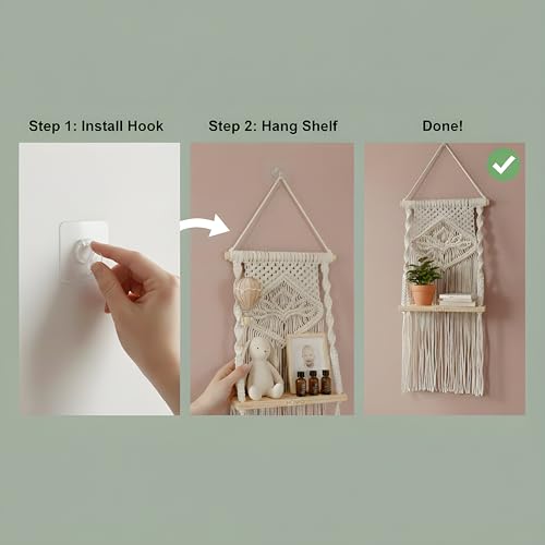 Image of Macrame Wall Hanging Shelf | Boho Decor Floating Wood Shelf with Adhesive Wall Hook | Handmade Cotton Rope Plant Holder for Bedroom, Living Room, Nursery | Size: 30 x 55 cm (Off-White)