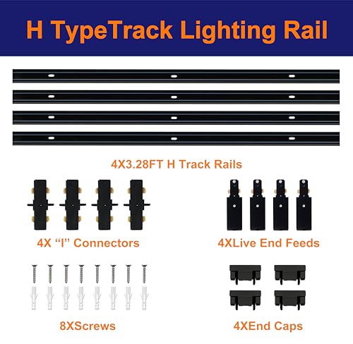 Bravsekai Black H Type Track Lighting Rails Kit with Dimmer Switch for LED Track Lighting 13FT Track Lighting System Single Circuit 3-Wire-1 H Track Rail with 4 I Connectors, Made of Aluminum