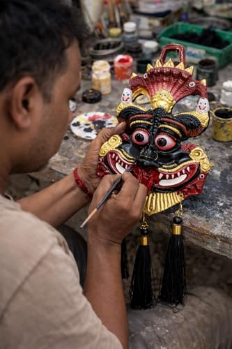 Image of LABHCART Metal Narsingh Kirtimukha Mask Wall Hanging, Evil Eye Protection, Nazar Battu with Black Tassels, Home and Office Decor
