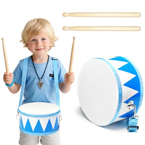 Kids Drum Set,8' Wooden Drum Toys with Adjustable Strap and 2 Drumsticks,Sensory Musical Instrument for Toddler Boys & Girls,Party Gift(Blue)