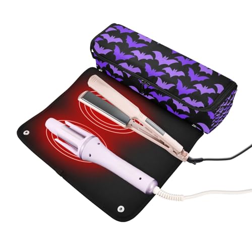 Bolsa de viaje para herramientas de cabello con almohadilla resistente al calor impermeable para planchas, alisadores y rizadores, organizador portátil negro con diseño Halloween murciélago morado espeluznante miniatura 2