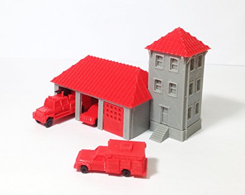 Outland Models Train Railway Country Fire Station with 3 Fire Trucks Z Scale