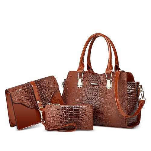 Set 3 Pezzi Moda Borsa a Mano Donna Semplice a tracolla Elegante Antifurto Sicuro Design Manico Superiore per Vacanze Lavoro Viaggio Festa Impermeabile PU Pelle Marrone A