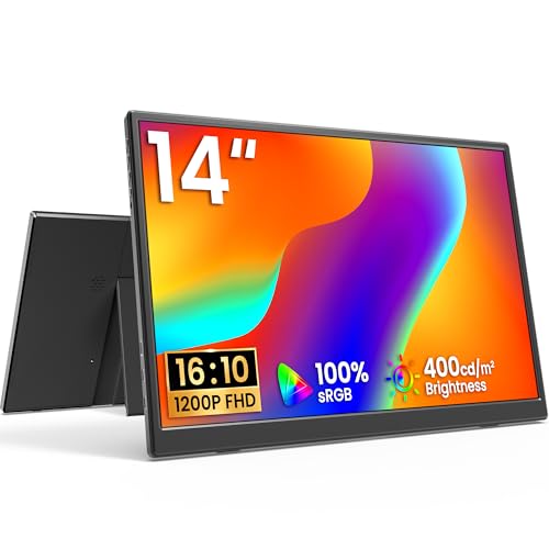 KQC 14 Inch Portable Monitor FHD 1200P Ultra-Slim USB-C HDMI Plug & Play External Display 100% sRGB Dual Speakers Travel Laptop Monitor with Stand for PC Phone Xbox PS4/5