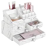 mDesign Decorative Plastic Makeup Organizers for Bathroom Vanity, Countertop, Cabinet - Stack for Vertical Storage - Easy-Access Cosmetic Storage with 4 Drawers, 16 Compartments - Set of 2 - Marble