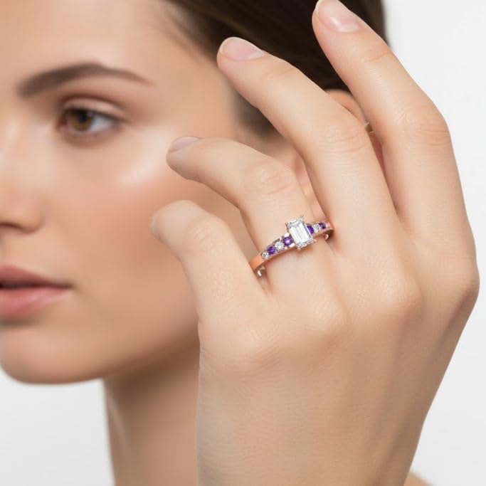 Image of 55Carat Choose Your Gemstone Diamond CZ Graduated Accent Ring Rose Gold Plated Emerald Shape Petite Engagement Rings Everyday Jewelry Wedding Jewelry Handmade Gifts for Wife US Size 4 to 12