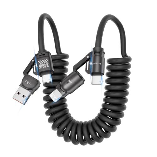 KEDESO Retractable 4-in-1 Car Charging Cable, PD 240W Fast Charging Coiled USB Cord for CarPlay & Android Auto, Compatible with iPhone 16 15 14 13, Samsung S24, Pixel - Tangle-Free & Heat Resistant