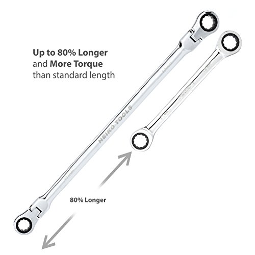 Neiko 03114A Flex-Head Double Box End Ratcheting Wrenches, Chrome Vanadium Steel | Extra Long Design | 5-Piece Set | Metric 8mm - 19mm