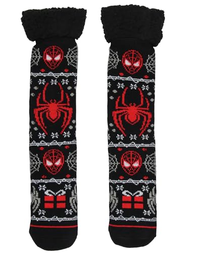 Hyp Marvel Comics Spider-Man Men's Ugly Christmas Sweater Knit Miles Morales Faux Shearling Lined Thick Fuzzy Slipper Socks