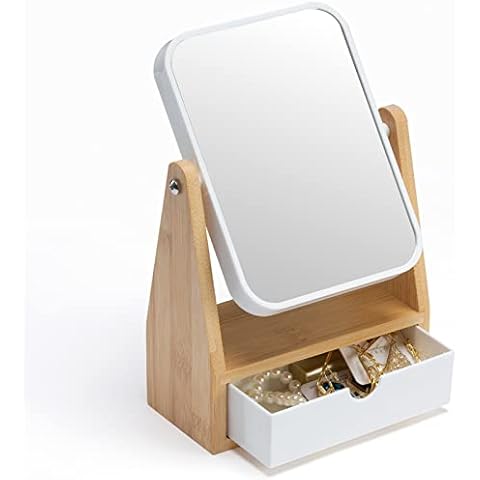 YEAKE Vanity Makeup Mirror with Storage, 1X/3X Double Sided Magnifying Mirror with Adjustable Natural Bamboo Stand,Portable Small Table Desk Countertop Mirror, Bathroom Shaving Mirror(Rectangular) Cover