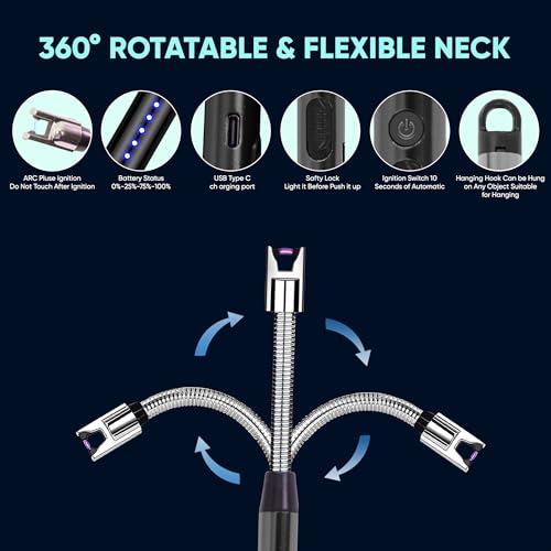 Image of SOLARA C-Type Rechargeable Plasma Gas Lighter Electric, USB Charging, 360 Flexible & Windproof, 400 Uses Per Charge, Multipurpose Lighter for Kitchen, Pooja, BBQ & Candles, 1-Year Warranty