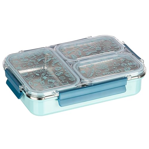 Image of Polyset Munch Mate 800 3 PARTITION - Blue Compartment Stainless Steel Lunch Box, Leakage Proof Lunch Box for School Kids and Adults Pack of 1 800ml