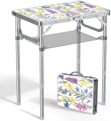 Anbte 2ft Folding Camping Table, 3 Adjustable Height Small Folding Table with Storage Net Lightweight & Portable with Carry Handle, for Outdoor Indoor Camping Beach Hiking BBQ RV, Blooming Floral