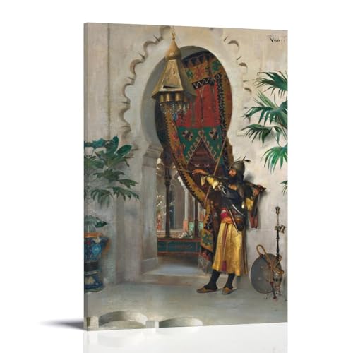 Impression d'art orientaliste Theodoros Ralli grand tableau garde moyen-orient lance toile 50x75