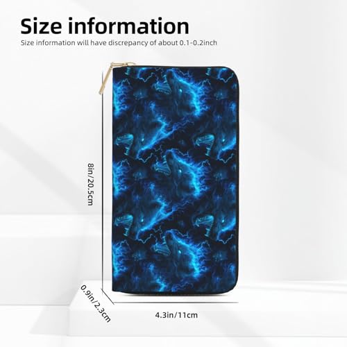 Leather Thin Slim Wallets for Women Men - Fashion Blue Lightning Wolf flamePrint Card Wallet Holder with Zipper2