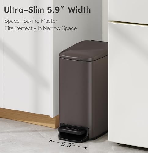 Image of TIPGO Small Bathroom Trash Can with Lid, 1.6 Gal, Soft Close, Brown | Foot Pedal, Soft Quiet Lid, 5.9'' Slim for Narrow Space, Stainless Steel, Anti-fingerprint, Removable Inner Bucket, Odor Seal