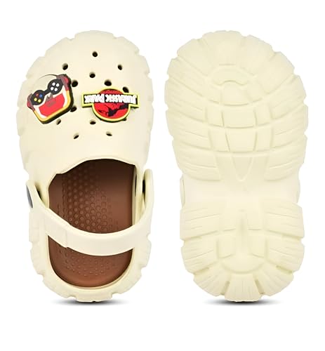 Image of GIMME ! Little Monkey, Toddler Clogs Slippers, 12 Months to 6 Years, Baby Boy, Waterproof, Lightweight, Cute Cartoon Fun Charms, Beige, Non-Slip Sole