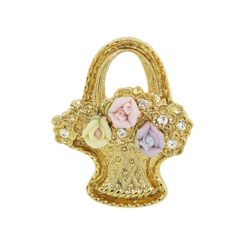 1928 Jewelry Pink, Purple, And Ivory Genuine Porcelain Rose Flower Basket Pin, Handcrafted Timeless Vintage Inpired Flowers, Great For Dresses, Scarfs, Hats, Lapels, 14K Gold Dipped, Made In USA
