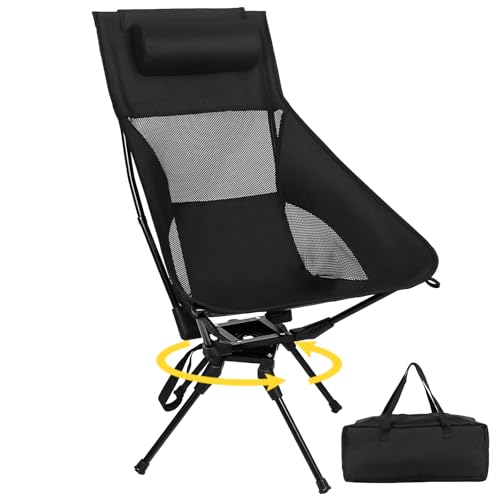 Wanderroot Swivel Portable Camping Chair, High Back Folding Chair with Detachable Pillow, Compact Lightweight Backpacking Chair for Outdoor, Travel, Beach, Hiking, Support 330 LBS, 1 Pack Black