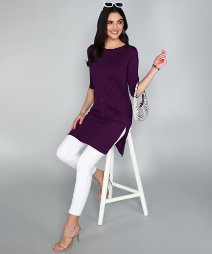 Image of FLEXIMAA Women's Cotton Plain Round Neck 3 /4 Sleeve Long Top