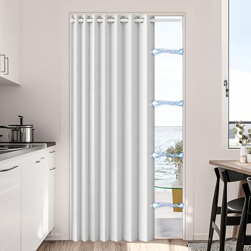 HMYI White Door Curtain 100% Blackout Magnetic Accordion Door Curtains - Invisible Folding Panel for Bedroom, Living Room, Doorway, 1 Panel, W52 x L72, Greyish White