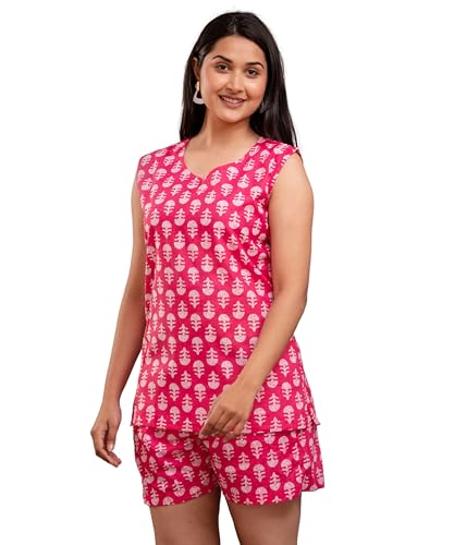 Image of Women's Cotton Printed Night Suit Set of Top & Shorts Sleeveless Women's Lounge Wear Set