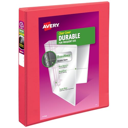Image of Avery Durable View 3 Ring Binder, 1 Inch Slant Rings, 250-Sheet Capacity, DuraHinge, 1.4 Inch Wide Spine, Customizable Clear Covers and Spine, 1 Bright Coral Pink Binder (17293)