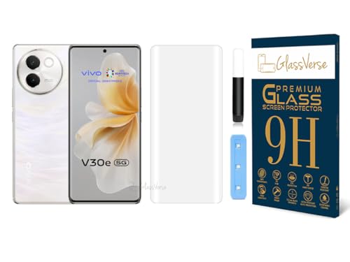 Image of GlassVerse Vivo V30E UV Tempered Glass Screen Protector. Pack Of 1 | 3D Curved Edge | 9H Hardness | Full UV Glue with UV Light | Anti-Scratch | Case Friendly | HD Clear. (6.78 Inches)