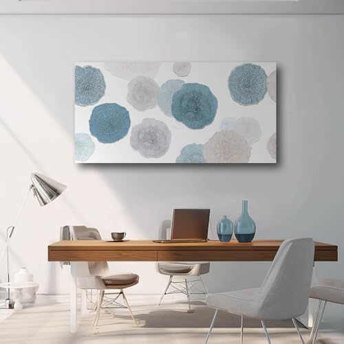 Image of VAYIMDH Blue Wall Prints on Canvas White and Grey Abstract Wall Decor for Home Living Room Framed Poster Cozy Bedroom Painting 24 inchx 48 inch Flowers Wall Art