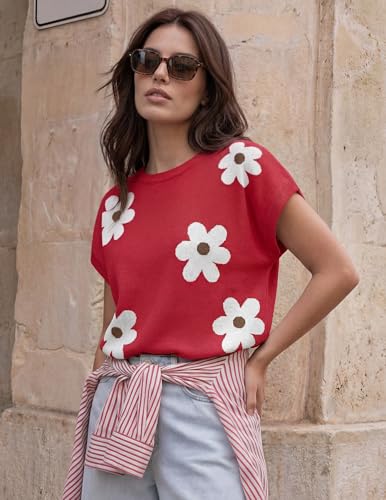 Image of ZESICA Women's Summer Trendy Knit Top 2026 Floral Print Short Sleeve Crewneck Loose Fit Sweater Vest Going Out Clothes