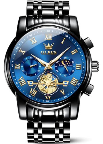 OLEVS Blue Mens Watches Black Stainless Steel Men's Wrist Watch