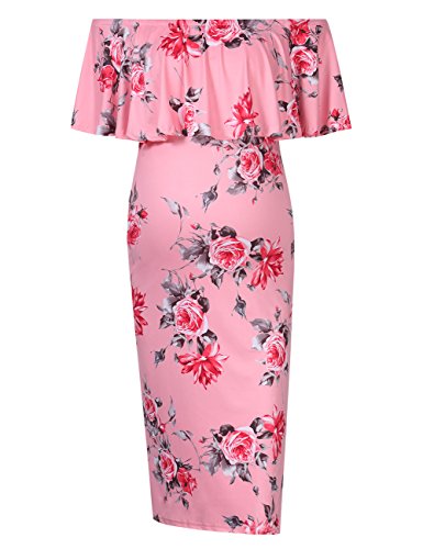 Coolmee Women's Maternity Dress Off Shoulder Casual Maxi Dress (L, Pink Flowers) #TOP2