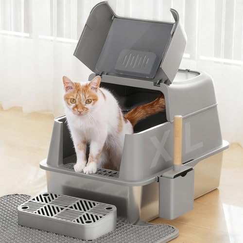 Arenero de acero inoxidable para gatos extra grande 40L con tapa abatible 180° miniatura 1