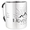 MUGSY I Edelstahltasse The Adventure Begins, Karabinerhaken Henkel, Bruchfest, Camping Tasse, Silber, 280 ml