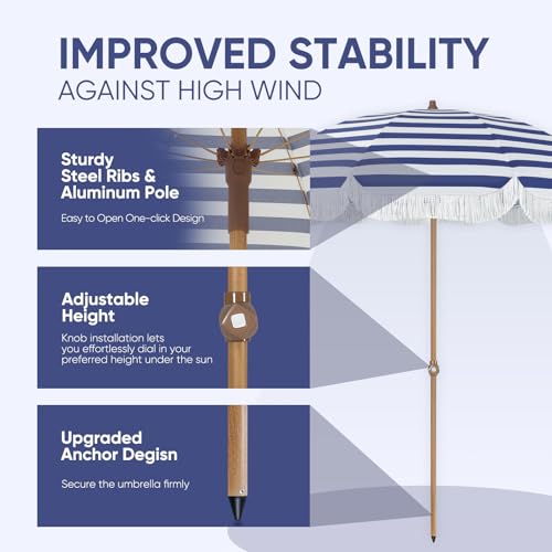 Image of Tempera Heavy Duty High Wind Beach Umbrella with Sand Anchor & Carry Bag | Patio Outdoor Umbrella with Aluminum Frame and Push Button Tilt, Ideal for Garden Lawn, UPF 60+