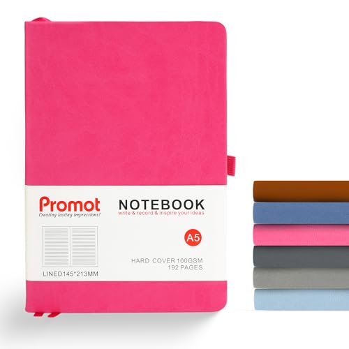 Promot Ruled Journal Notebook - A5 Pink 192 Lined Pages 8.2 x 5.5 Inch - Hardcover Leather Notebook for Writing - 100 GSM Thick Paper, PU Leather, Pen Loop, Inner Pocket, Elastic Band