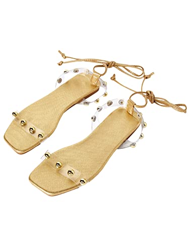 GORGLITTER Women's Metallic Lace Up Flat Sandals Dressy Clear Strappy Square Open Toe Summer Sandals3