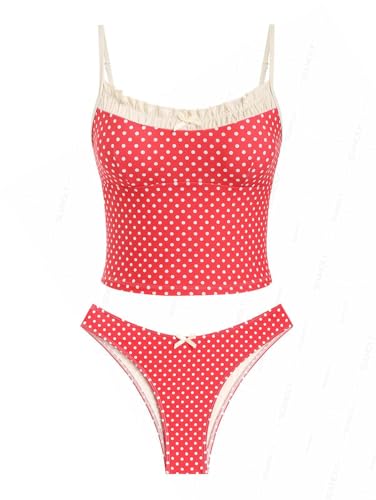 seamoly Red Polka Dot Print Ruched Ruffles Bowknot Cheeky Tankini Set Red L