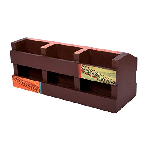 Image of AAKRITI ART CREATIONS Wooden Madhubani Brown Handcrafted Desk Organizer Pen & Card Holder